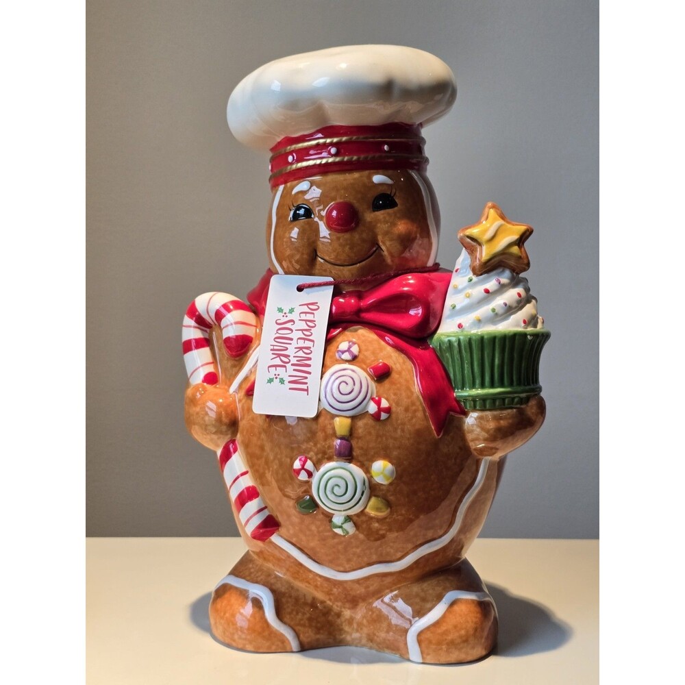 NWT Peppermint Square Gingerbread Man Chef Cookie Jar & Napkin Ring Set...